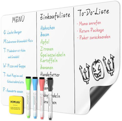 HOMiDEK Magnetisches Whiteboard Kühlschrank Magnettafel - White Board Für Menü Wochenplaner, Einkaufsliste, to do liste - Memotafel Für Büro Schule Zuhause mit 3 Markers und Radierer, 38x58.5cm