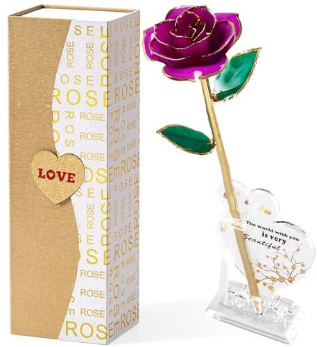 Mikasol Oro Immerso 24K Per Sempre Riserva Rosa, Flower Immersa A Mano Regalo Romantico Per Le Donne In Sua Moglie Fidanzata Compleanno Anniversario San Valentino Mothers Day Natale (Viola)
