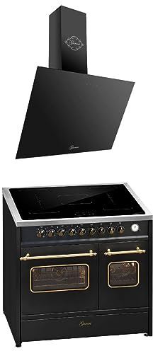 GURARI Fornello a induzione E 913 DF RU BL+GCH 286 BL 9 Prime, fornello elettrico retrò, Range Coocker con induzione FLEX + cappa aspirante 90 cm