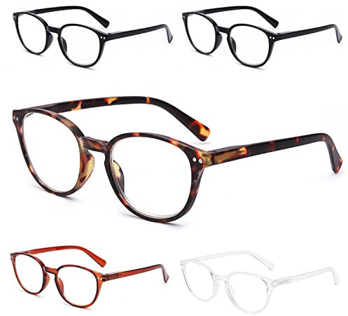 SKYWAY 5 Pack Blue Light Blocking Reading Glasses with Spring Hinges, Computer Gaming Readers Women Men Lightweight Anti Glare, Non-Prescription Glasses(+1.50, Round)