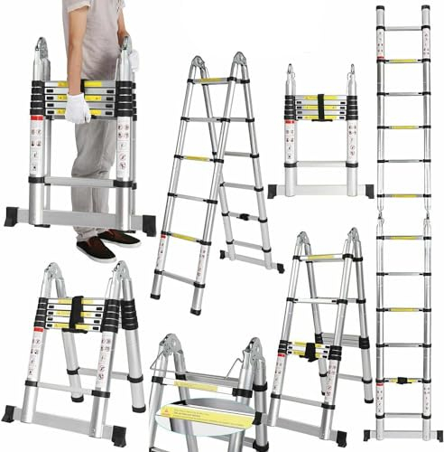 12.5FT Extendable Aluminum Professional Use Telescoping Ladder Telescopic Folding Ladder Extension 1.9m+1.9m A-Frame 3.8m Ladder with Stabilizer Bar for Building Maintenance Window Cleaning Decoration