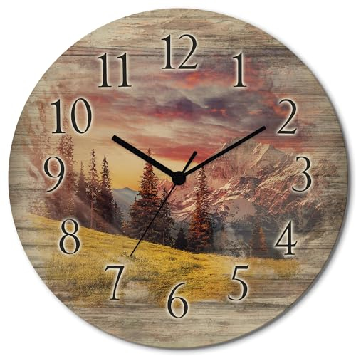 ARTLAND Wanddeko Wanduhr ohne Tickgeräusche aus Holz Funkuhr lautlos rund Ø 30 cm Alpines Hochland U1RI Landschaften Berge Alpenbilder