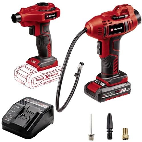Einhell Compresor de coche con batería CE-CC 18 Li + set de bomba de aire con batería CE-AP 18 Li Power X-Change (18 V, incl. accesorios, incl. 1 batería de 2,0 Ah y cargador)