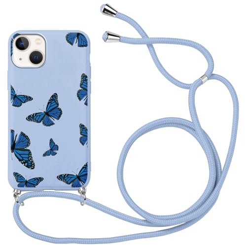 Xylota Handykette Handyhülle für iPhone XR 6,1 Hülle mit Band, Einstellbar zum Umhängen Kordel Aesthetic Case mit Muster Schmetterling, Weich TPU Bumper Silikon Stoßfest Schutzhülle Cover, Blau