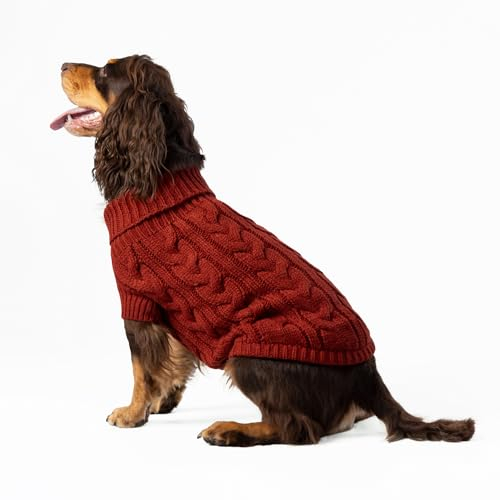 HUGO & HUDSON x Hackett Hundepullover mit Zopfmuster, Rollkragenpullover aus Strick, Ziegelrot, XS