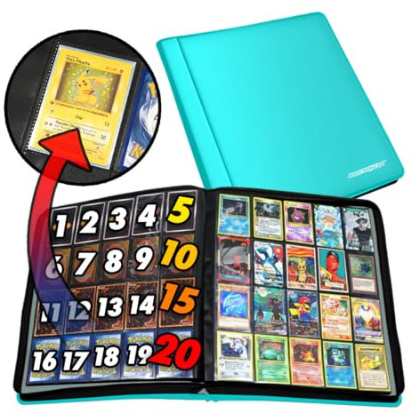 1280+ Cards 20 Pocket Card Binder Collector Card Album - Pages Compatible with Pokemon Cards, Sports Cards, Yugioh, MTG and Other TCG - Trading Card Sleeve with Side Loading Pockets (Teal/Teal)
