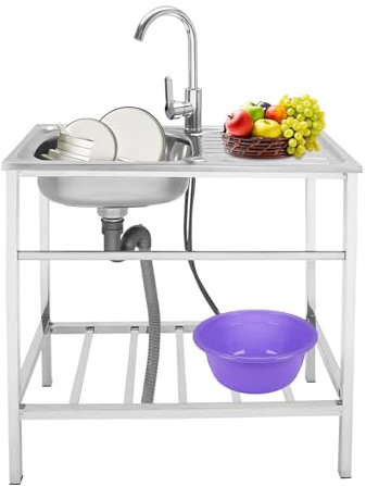 Begoniape Fregadero de cocina Fregadero de acero inoxidable con mesa de trabajo y grifo, fregadero comercial, mesa de trabajo, fregadero de cocina, fregadero empotrado, 75 x 40 x 76 cm