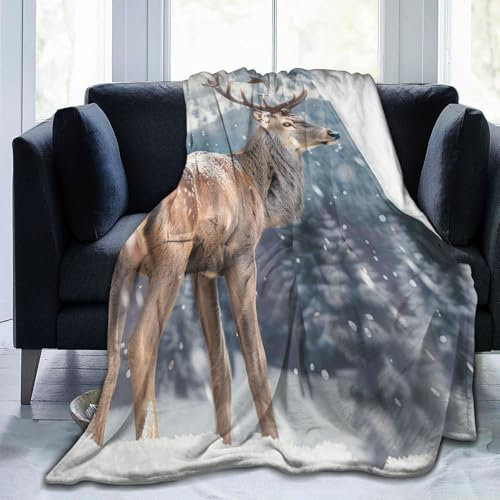 Mexpekil Winterdecke mit Hirsch, weich, gemütlich, flauschige Flanell-Fleecedecke für Sofa, Bett, Camping, Reisen, 150 x 125 cm
