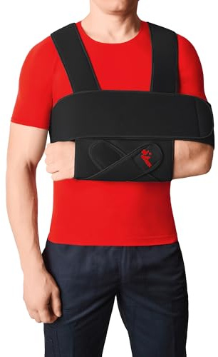 Schulterbandage & Armschlinge mit Brustgurt - Medizinprodukt hergestellt in EU - Schulterorthese zur Ruhigstellung nach OP, Luxation oder Fraktur links & rechts tragbar, Schwarz (XS–M)