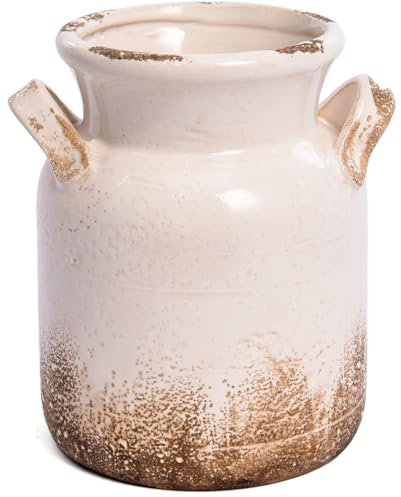 Jarrón de cerámica rústico, aspecto vintage retro, color beige envejecido, maceta decorativa para sostener flores, rosas y tulipanes, utensilios y herramientas, decoración ideal para estantes
