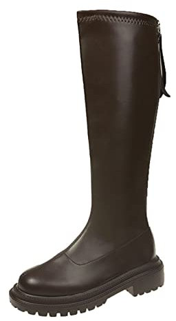 Gamba larga Stivali alti al ginocchio Donne Lunghe Pure Donna Spessa Punta Rotonda Stivali di Colore Caldo Stivali Dritti Autunno Delle Donne Stivali Ragazze Scarpe, Marrone, 38.5 EU