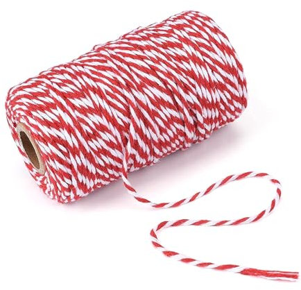 Spago natalizio rosso e bianco – 100 m di filo di cotone bicolore da 1,5 mm, corda intrecciata fai da te per regali di Natale, filo di cotone du-rable per panettieri