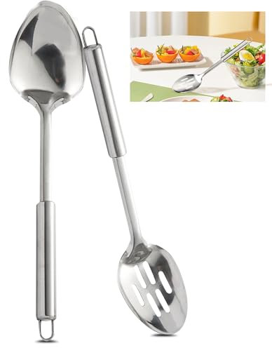 Fililogor Juego de 2 cucharas de cocina, cucharas de servir de acero inoxidable con agujero para colgar, para mezclar, servir, escurrir y remover (plateado)