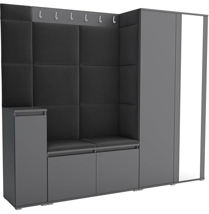 Brent - Garderobenschrank Flur Grau mit sitzbank 220 cm Breit Luton 8 - Multifunktionale Flurgarderobe Set mit Stauraum und Wandpaneel, Garderobe mit Sitzfläche und Kleiderhaken