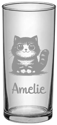 Kinder Trinkglas mit Gravur, personalisiert mit Namen, Wunschtext, versch. Katzen Motive, Wasserglas, graviert, Geschenk