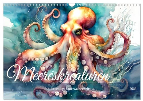 Meereskreaturen - Lebendige Unterwasserwelt (Wandkalender 2026 DIN A3 quer), CALVENDO Monatskalender: Meeresbewohner in Aquarellstil. (CALVENDO Tiere)