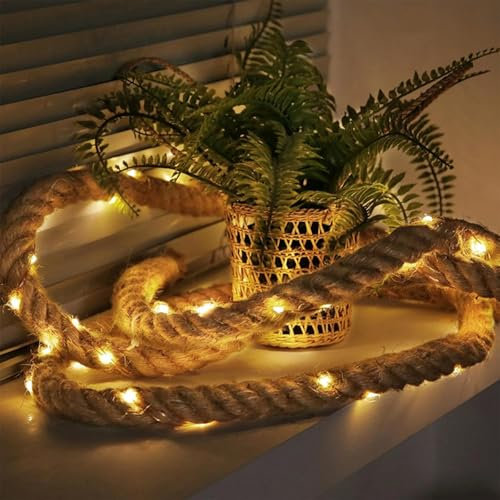 ENLACE Lichterkette Seil, 2M 40 LED Juteseil Lichterkette Batteriebetrieben, Warmweiße Naturseil Lichterketten für Tischdeko Kinderzimmer Wohnzimmer Weihnachtsdeko Hochzeit Party Deko