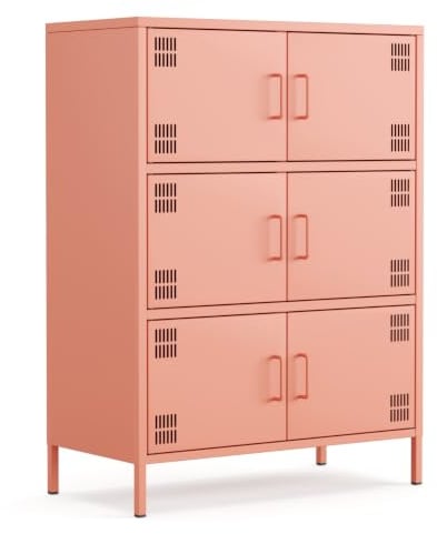 furni24 Metall Sideboard – Küchenschrank mit Türen und verstellbaren Ablagen – Robuste und stilvolle Aufbewahrungslösung für Küche, Wohnzimmer und Esszimmer- mit 6 Türen, Lachsfarben