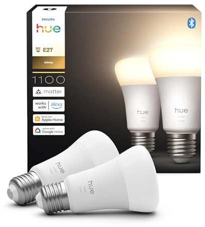Philips Hue Lampada Smart LED A60, luce bianca calda 2.700 K, E27 Base, 9,5 W, 1.100 lumen, intensità regolabile, compatibile con Alexa, Google Assistant e Apple Home, conf. da 2