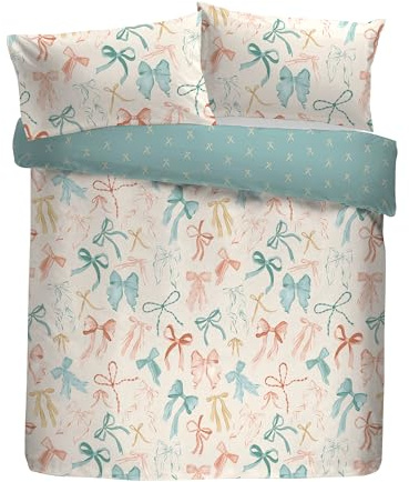 Fusion Evelyn Duvet Cover Set, 52% Recycled Polyester 48% Cotton, Super-King 260x220cm, Multi-Coloured, Hand-Painted Watercolour Bows Pattern, Reversible, 56 Pick