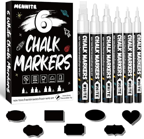 Mennitr Kreidestifte für Fenster, 6 Stück Kreidestifte für Tafel Abwaschbar, Weiß Fensterstifte mit 25pcs Kreidetafel Labels, Kreidemarker Weiss für Glas & Gewürzgläser (1mm, 3mm, 6mm, 10mm)