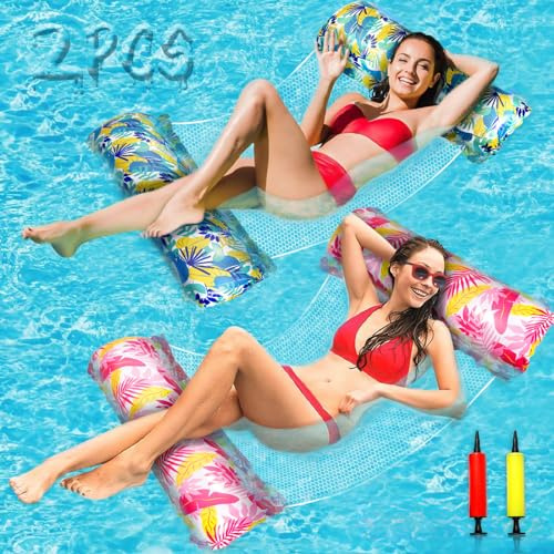 ZPQAODI Colchoneta Piscina Adultos 2PCS, 4 en 1 Colchoneta Piscina Hinchable, Hamaca Inflable Piscina, Multi-Propósito Tumbona con 2 Bomba de Aire, Piscina Flotador de Agua Portátil para Piscina Playa