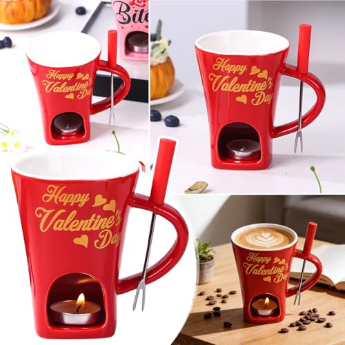 HBSFBH Schokoladen Fondue Becher Set, 200 ml Valentinstag Schokoladenfondue Becher, Schokofondue Tasse mit Gabel und Teelicht, Keramik Schokoladenfondue Tasse für Käse Schokolade Butter Karamell (D)