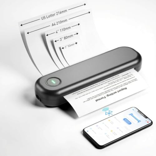 Imprimante Thermique A4 Portable Bluetooth, Imprimante Portable Sans Encre | imprimante sans Fil pour Papier Thermique 216/210/110/80/53mm, pour Voyage, Maison et Bureau, compatible iOS Android PC