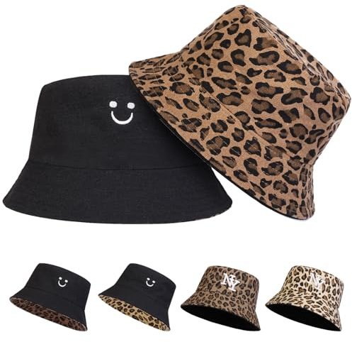 AUNGKWANG Leopardenmuster Fischerhut, Sonnenhut für Damen und Herren, Reversibel Fischerhüte, Fischerhut für Wandern Urlaub Camping Reisen Angeln