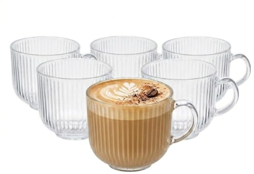 Eden & Willow Glass Coffee Cups 440ml, 6 Pcs Espresso Iced Coffee Cups, Large & Clear Drinking Glassware Mugs, Ribbed Glass Mug for Cappuccino Latte Mocha Flat White, Home Gift Set