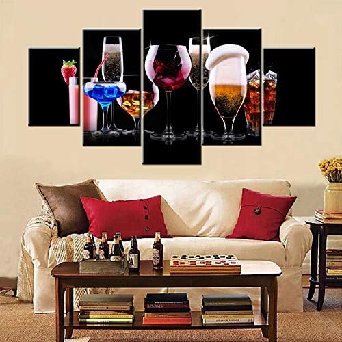 5 Piece Canvas Wall Art for Kitchen Beer Wine and Cocktail Paintings Giclee Home Decor Contemporary Artwork Gift Wine Cups /Glasses Pictures Wooden Framed Ready to Hang Posters and Prints(60''Wx32''H)