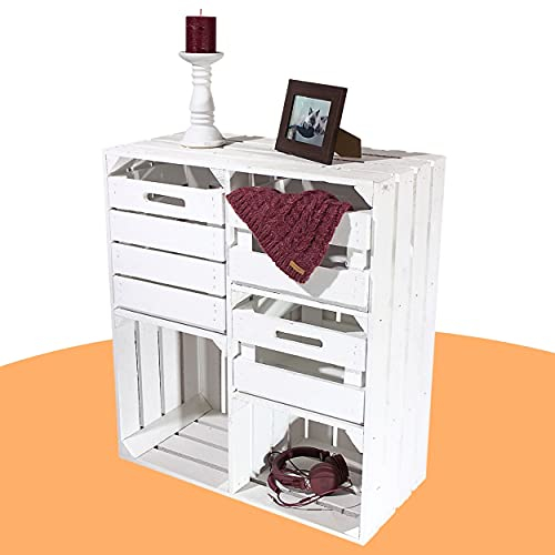 Weißer Holzschrank mit 3 Schubladen 77cm x 68cm x 35cm Regalsystem Vintage Massive Obstkisten Weinkisten Landhausmöbel Bücherregal Schuhregal Regalkisten