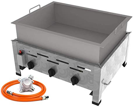 Gastro Edelstahl Gasbräter 3 flammig 13,5 KW mit 15 cm Stahlpfanne f. Propangas + Gasschlauch Gewerberegler + SBS (Gastro Kocher, Gasgrill Gastrokocher, Gasherd, Bräter, Grill)