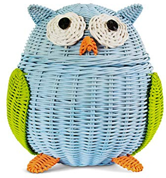 G6 COLLECTION Rattan-Aufbewahrungskorb mit Deckel, dekorativ, handgewebt, niedlich, handgefertigt, Geschenk, Kunst-Dekoration, Kunstwerk, Hoot Owl (klein, blau)
