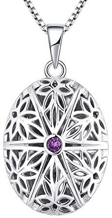 FJ Oval Foto Medaillon Kette Damen 925 Sterling Silber Personalisierte Medaillon zum öffnen für Bilder Memory Medaillon Anhänger Halskette mit Amethyst Schmuck Geschenke für Frauen Mädchen