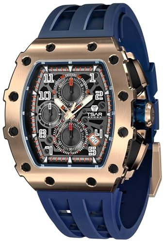 TSAR BOMBA Herren Uhr Tonneau Chronograph 50M Wasserdichter Luxus Skelett Daydate Armbanduhr Stilvolles Cool Tauchen Sport Männer Uhren Japanisches Quarzwerk Saphirglas Geschenk für Männer
