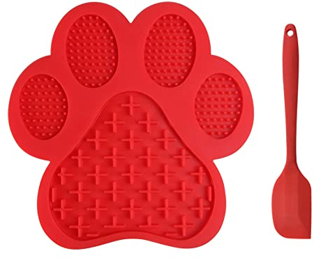 Koomiao Leckmatte Hund Silikon Futter-Schleckmatte mit 1 Silikonspatel,Schleckmatte Hund mit Saugnäpfen,Slow Feeder für Haustier-Baden,Pflege,Ausbildung (Rot)