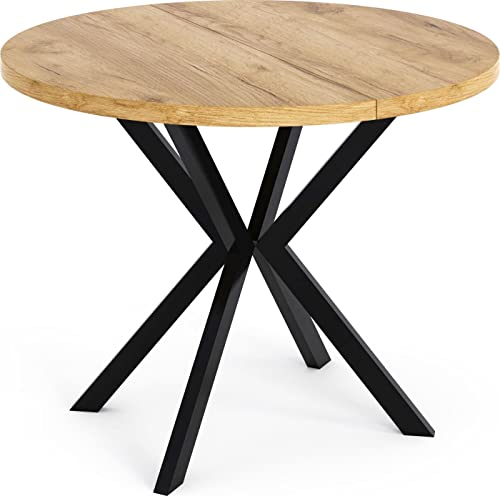 WFL GROUP Runder Ausziehbarer Esstisch - Loft Style Tisch mit Metallbeinen - 100 bis 180 cm - Industrieller Tisch für Wohnzimmer - Spacesaver - Craft Eiche - 100 cm