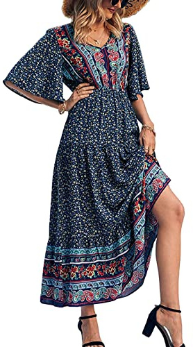 Women's Summer Casual Maxi Dress Bohemian Floral V Neck Puff Short Sleeve Ethnic Style Beach Tiered Sundress Long Swing Dress