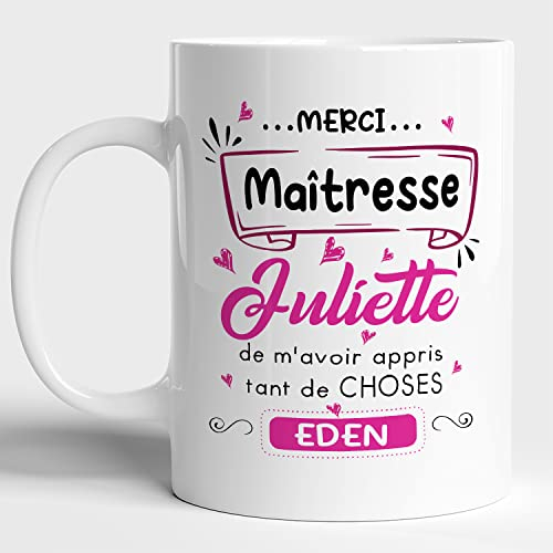 Lalasol Mug Votre Prénom Personnalisé - Idée Cadeau Pour Maîtresse – Tasse Pour l'Anniversaire ou Pot De Départ Noël - Merci De M'avoir Appris Tant De Choses - Imprimé en France