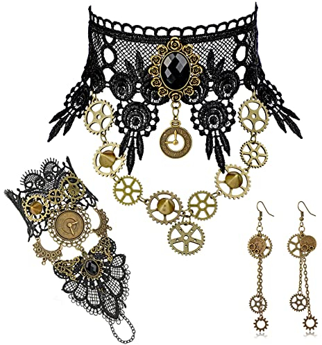 HOWAF Steampunk Accessoires Steampunk Kostüm Damen, Zahnräder Steampunk Halskette Spitze Gotisch Choker Halskette Armbänder Steampunk Ohrringe Gothic Schmuck Frauen Mädchen Halloween Karneval Kostüm