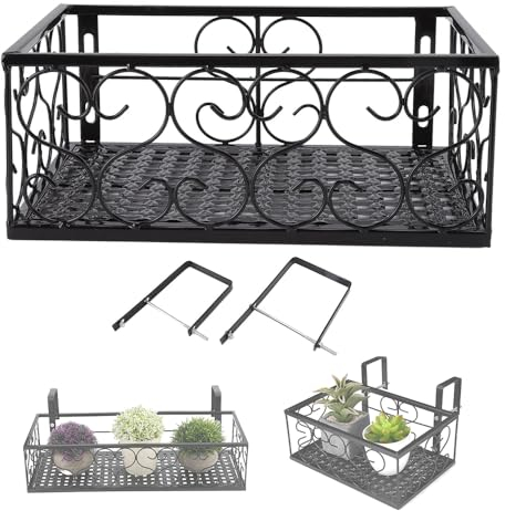 Cesta de Hierro para Colgar Flores, Soporte de Flores para Ventana de Metal Negro, Estante de Barandilla Decorativa, Soporte para Maceta de Flores Suculentas para Balcón, Patio(For 10.5cm Railing)