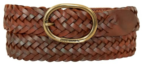Eddie Bauer Women's Casual Leather Belts with Durable Metal Buckle, Center Bar Woven - Tan, Medium