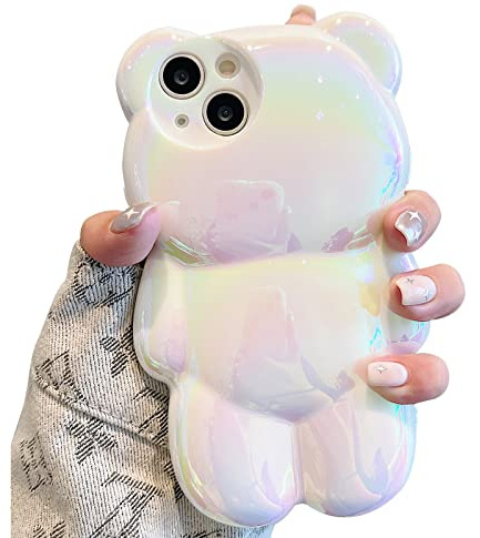 YWYUHE Funny Phone Case Compatible with iPhone 12 Case, Cute 3D Holographic Pure White Bear Case, Shockproof Kpop Cartoon Bear Phone Case for Women Girls