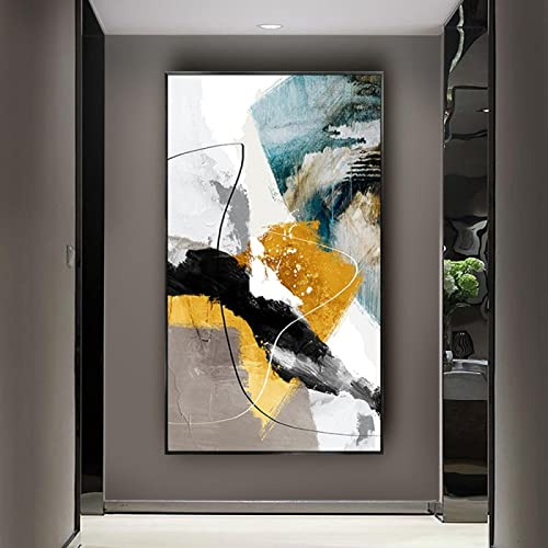 HOLEILUCK Peinture Abstraite Moderne sur Toile Art Jaune Noir Encadré Art Mural Prêt à Suspendre Art Grands Tirages Décor de Salon 70x125cm/28x49inch With-Black-Frame