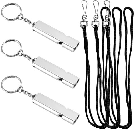 MEMOFYND 3 silbatos plateados dobles con 3 cuerdas negras, silbato de emergencia, silbato de supervivencia, silbato de acero inoxidable, silbato de supervivencia