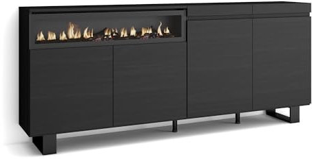 Skraut Home | Buffet Salon et Cuisine | Meuble de Rangement, Commode | 200x87x35cm | 4 Portes | Cheminée électrique | Design Industriel | Style Moderne | Noirs