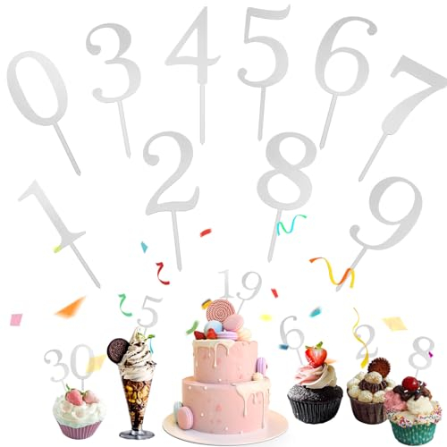 Mezrkuwr 10 Stück Nummer Cake Topper Zahlen 0-9 Geburtstag Tortendeko Kuchenstecker Cupcake, Acrylmaterial Geeignet für Geburtstagsfeiern Jeden Alters (Silber)