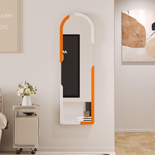 Figbird Ganzkörperspiegel Groß, 120 x 37 cm Wandspiegel mit Haken, Modern Spiegel für Schlafzimmer Wohnzimmer Ankleidezimmer Bad (Weiß Orange Bogen)