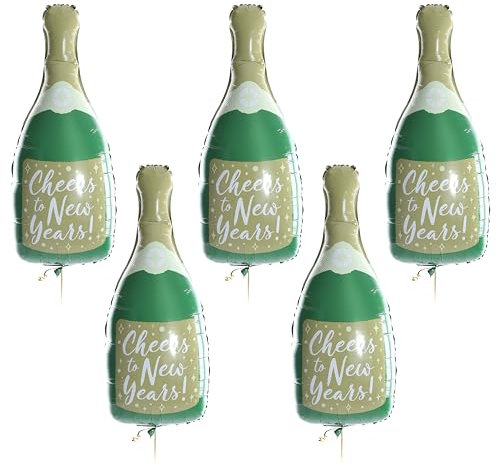 Champagne Bottle Balloon - Pack of 5-22 Inch Green & Gold Champagne Bottle Shaped Foil Balloon with Cheers to New Years Writing - Perfect for New Years Eve Party Celebrations